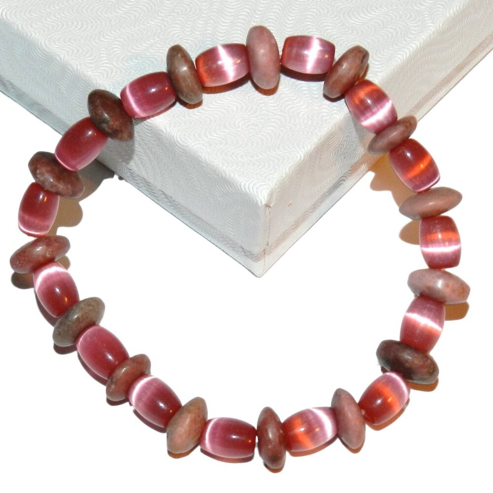 Pink Rhodonite & Pink Cat's Eye Glass & Gemstone 7" Stretch Bead Bracelet BR477